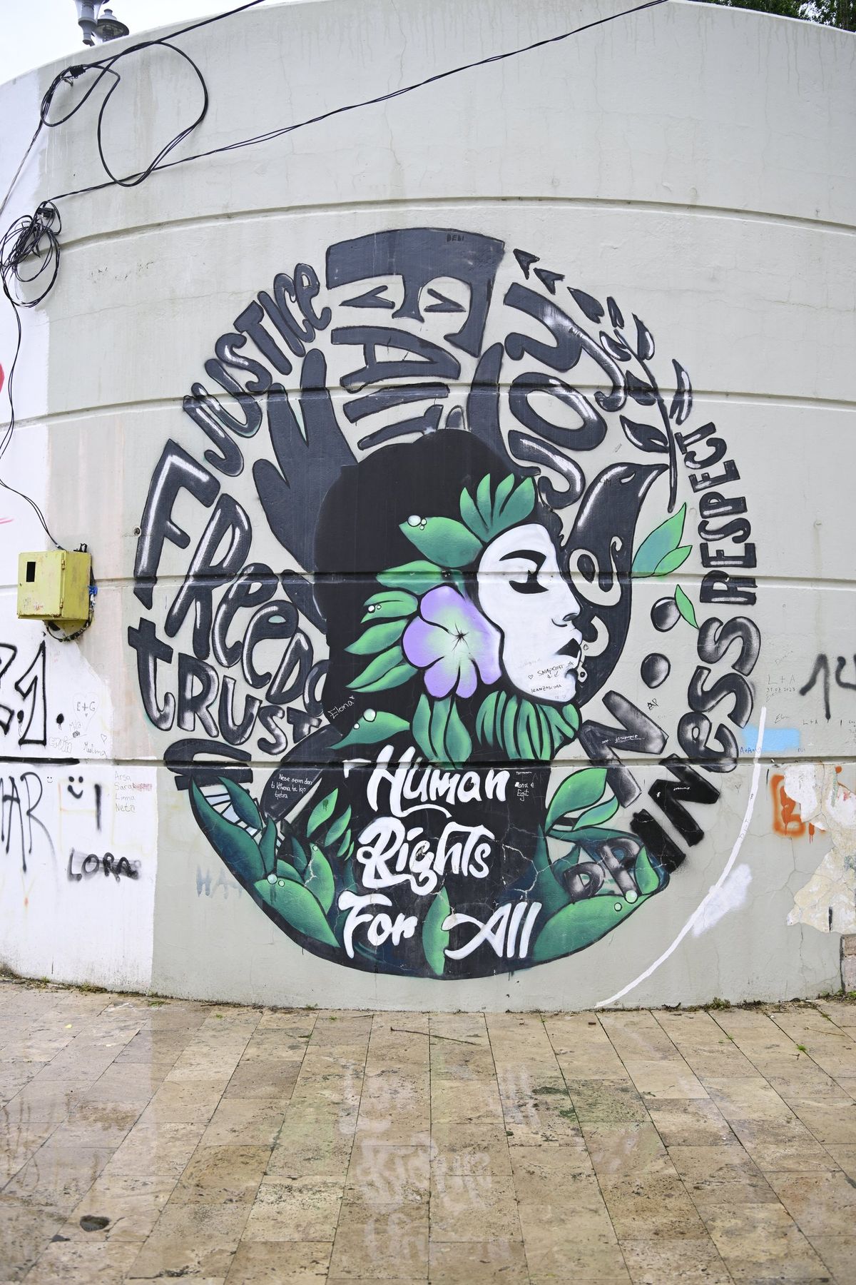 A mural of a woman among flowers, painted on a bridge pillar